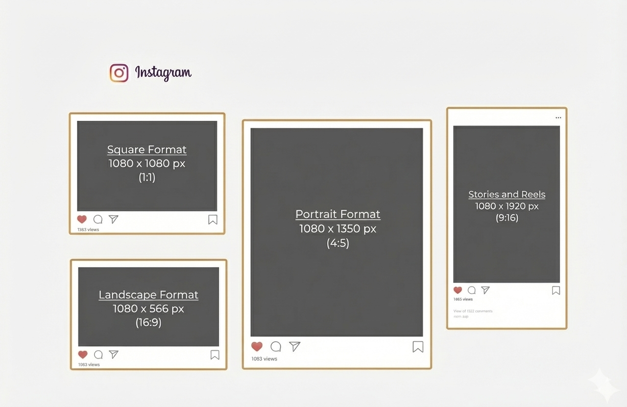 Instagram image sizes and dimensions guide showing pixels and aspect ratios for Square (1:1), Portrait (4:5), Landscape (16:9), and Stories/Reels (9:16) formats.
