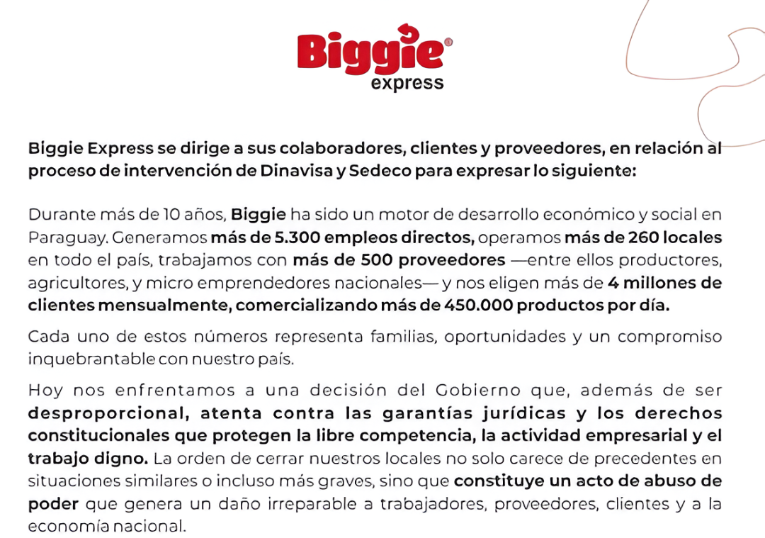 Biggie denuncia que cierre de locales afecta a miles de empleos y a la cadena de abastecimiento nacional
