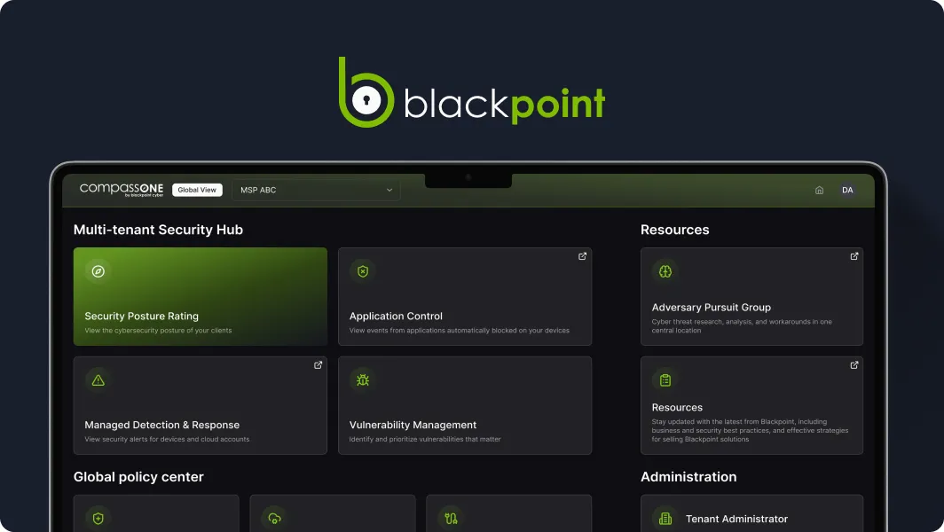 Blackpoint logo above a computer screen displaying a cybersecurity dashboard called compassONE by Blackpoint Cyber, showing sections for Multi-tenant Security Hub with Security Posture Rating, Application Control, Managed Detection & Response, Vulnerability Management, Resources including Adversary Pursuit Group and Resources updates, and an Administration panel.