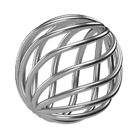 Three-dimensional metallic sphere composed of intertwined curved bands forming an open lattice structure.