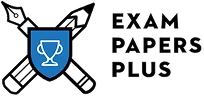 Logo with a blue shield featuring a white trophy icon, flanked by two pencils, next to the text 'EXAM PAPERS PLUS'.