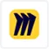 A stylized black letter 'M' with three blue upward-pointing arrows integrated into its left side on a white square background with rounded yellow edges.