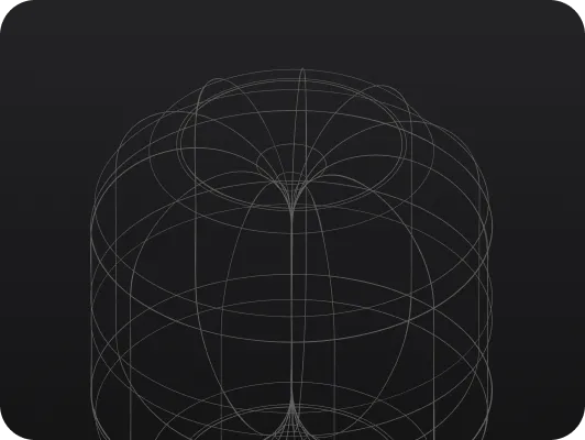 Wireframe 3D model of a cylindrical shape with curved lines forming a symmetrical pattern on a black background.