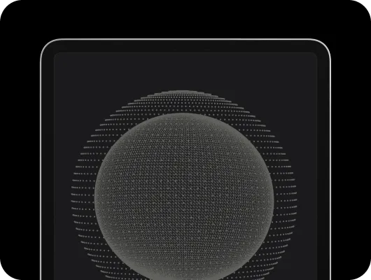 A digital tablet displaying a 3D gray wireframe sphere with layered concentric circular patterns on a black background.