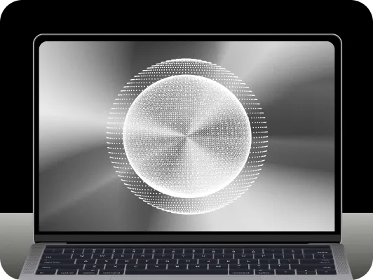 Open laptop displaying a metallic spherical 3D grid with radial patterns on a gradient silver background.