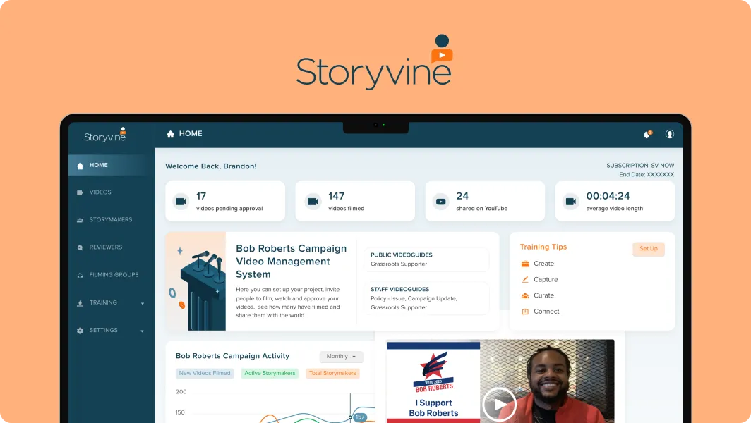 Screenshot of Storyvine video management dashboard welcoming user Brandon, showing video approval stats, campaign management options, training tips, and a video preview with a man smiling.