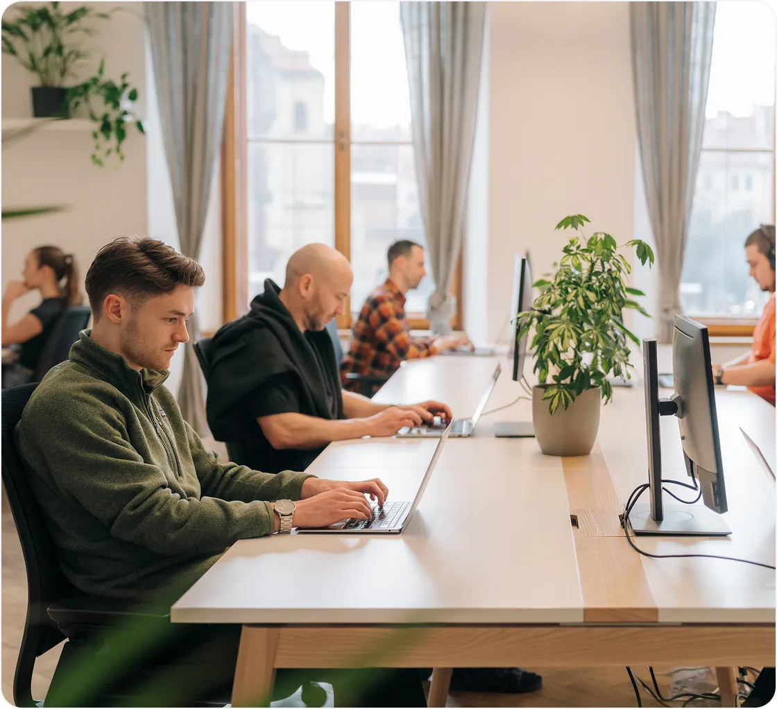 Four people working at a long desk in a modern office with large windows and curtains, using laptops and desktop monitors with a potted green plant in the middle of the desk.