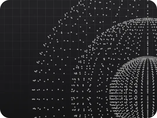 Abstract digital spheres composed of small white dots on a dark grid background, illustrating a 3D data or technology concept.