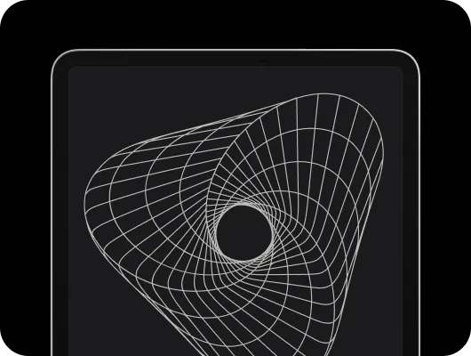 Tablet screen displaying a white wireframe 3D geometric shape resembling a hollow twisted triangular structure on a dark background.