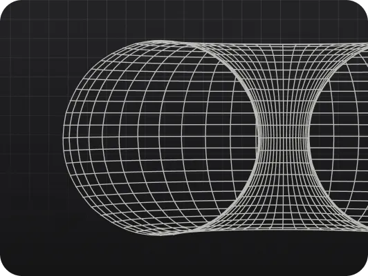 White wireframe 3D shape resembling two connected cylinders or a tunnel viewed from the side, on a dark grid background.