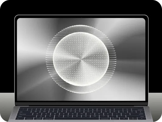 Open laptop viewed from front with a grayscale 3D sphere composed of dots and concentric circles displayed on the screen, creating a futuristic digital effect.