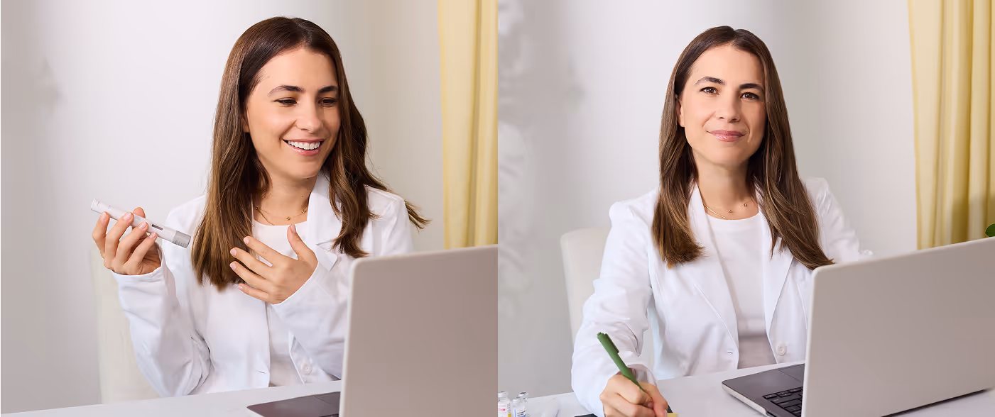 Woman Doctor on laptop smiling and showing off medication