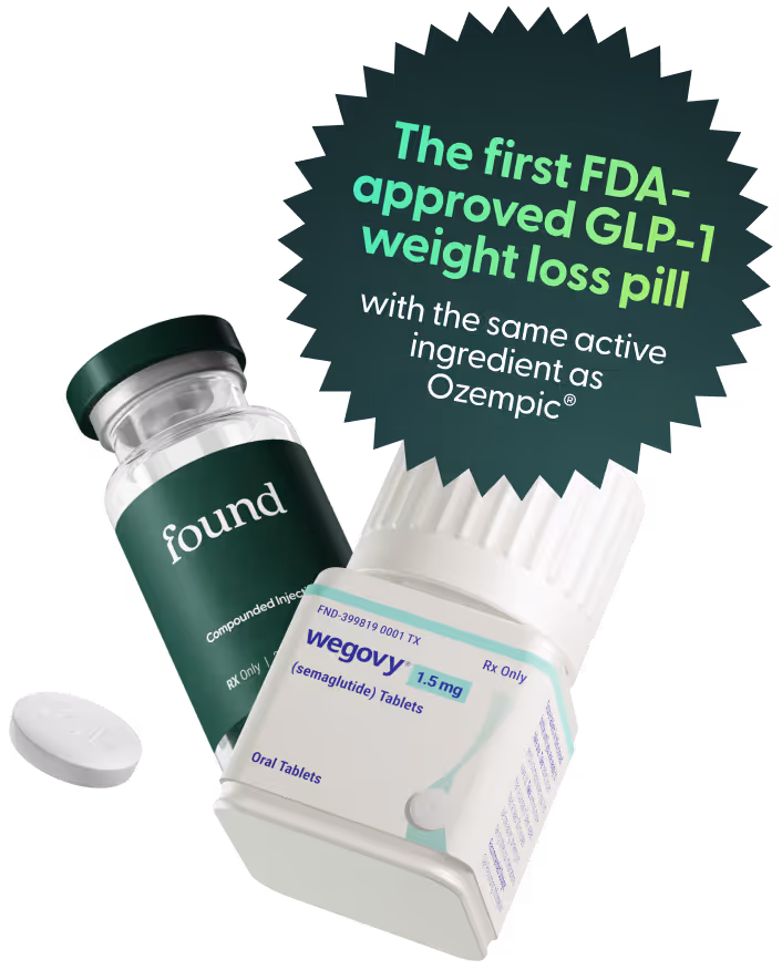 Two medication bottles labeled Found and Wegovy 1.5 mg with a badge stating the first FDA-approved GLP-1 weight loss pill with the same active ingredient as Ozempic.