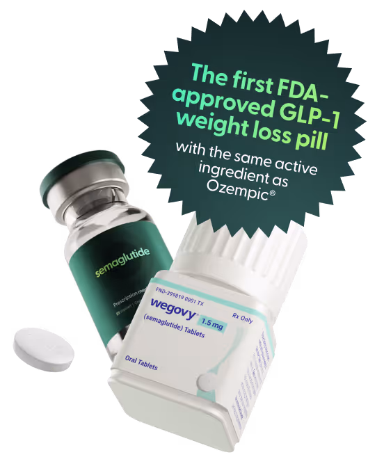 Two medication bottles labeled Found and Wegovy 1.5 mg with a badge stating the first FDA-approved GLP-1 weight loss pill with the same active ingredient as Ozempic.