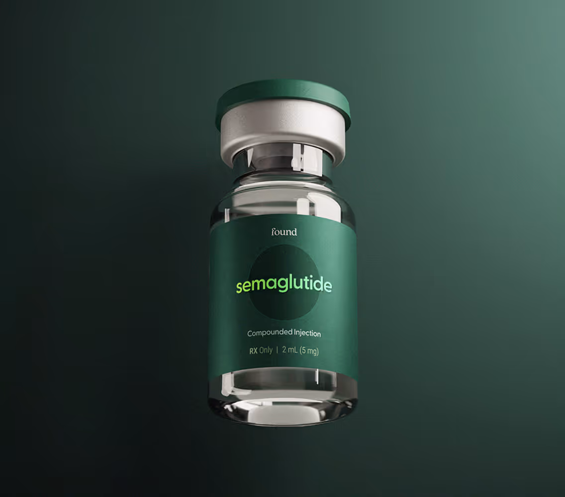 Vial of semaglutide compounded injection with a green label and cap against a green background.