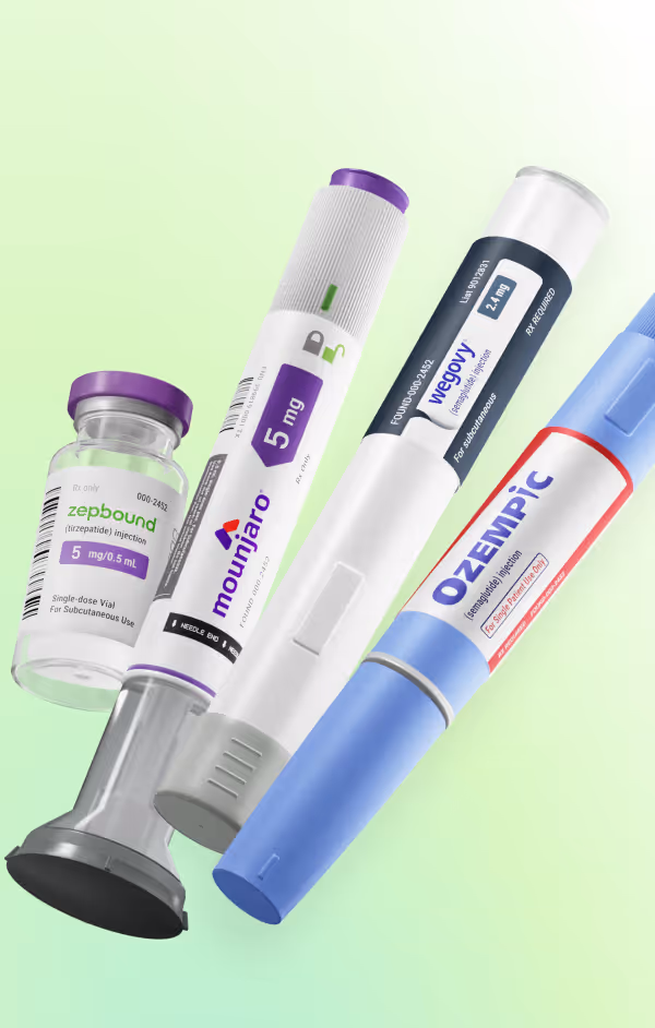 Various injectable diabetes medications including Zepbound vial and Mounjaro, Wegovy, Ozempic injection pens on a light green background.
