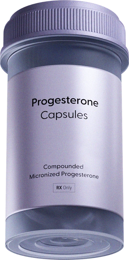Oral progesterone capsules, compounded micronized progesterone, in a lavender jar