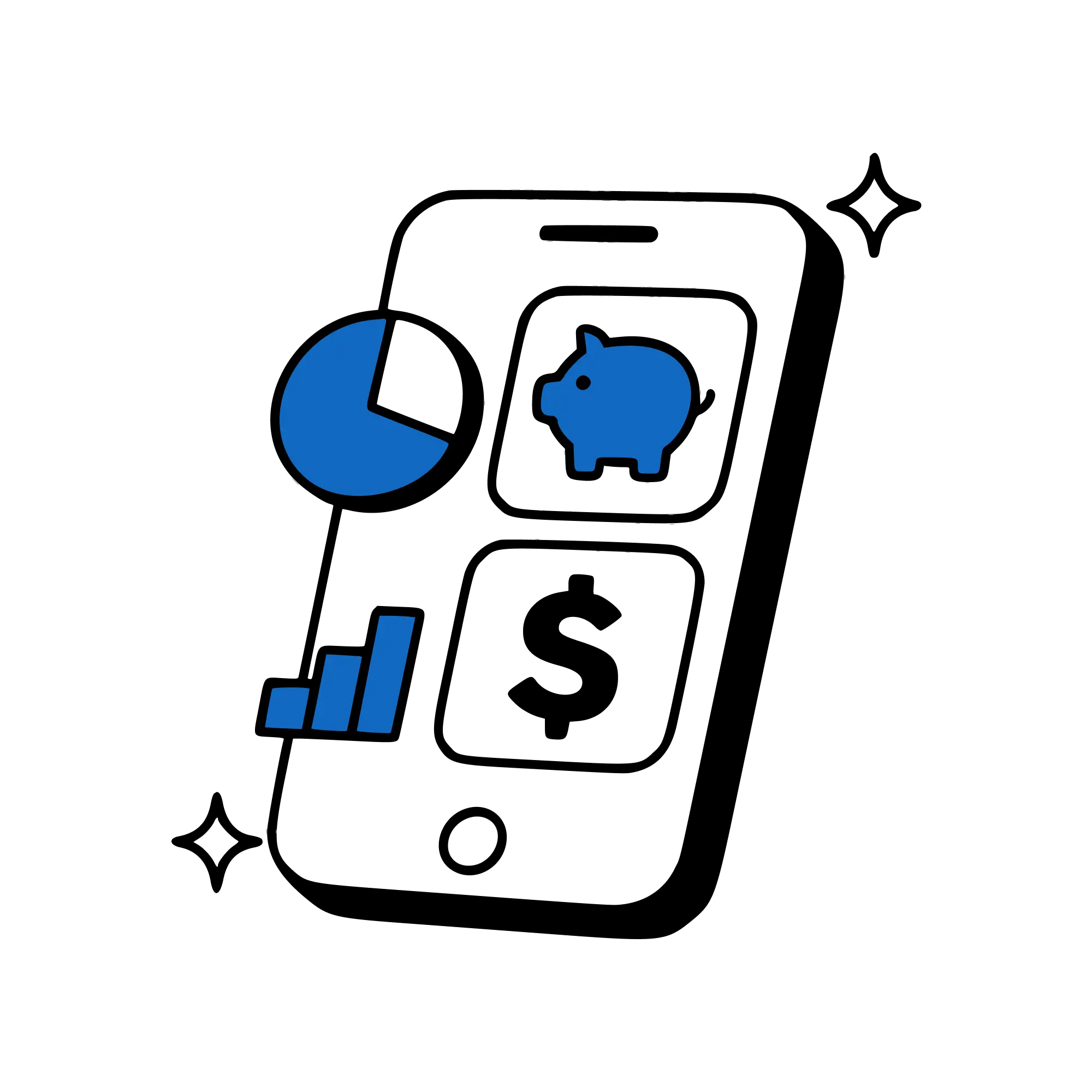 An illustration of a phone that has a lot of kid finance features. There are charts, a savings goal piggy bank, a dollar sign, and stars.