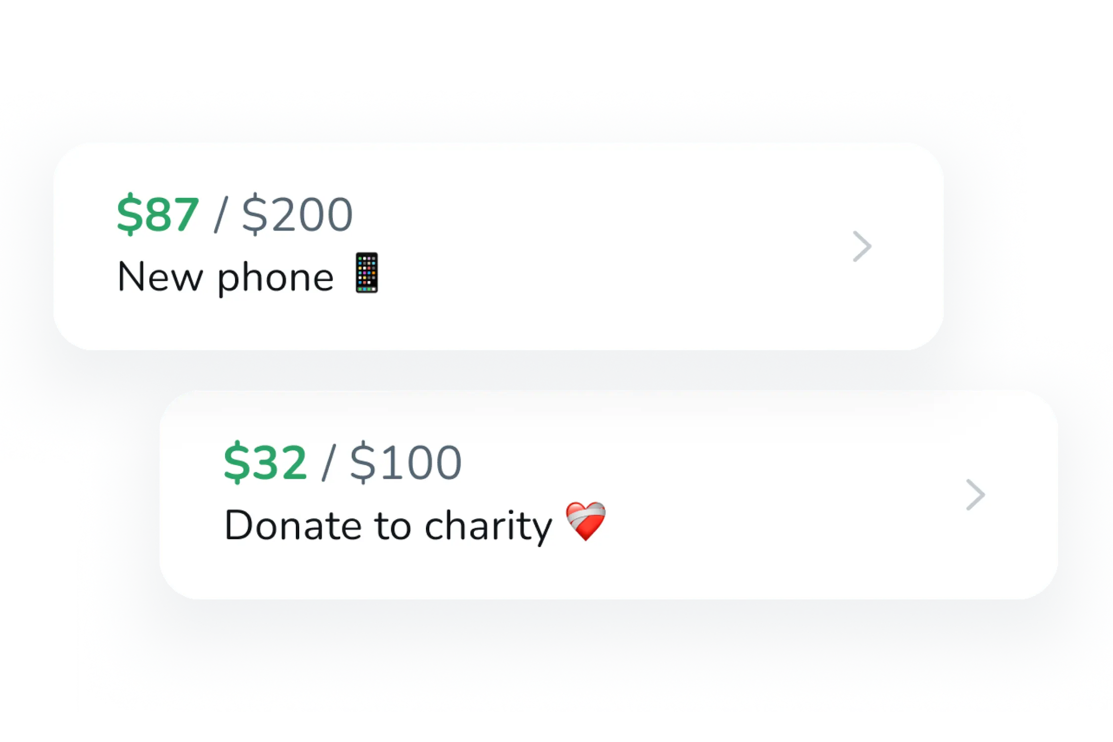 A UI component of 2 savings goals, one for a new phone and the other for donating money to charity.