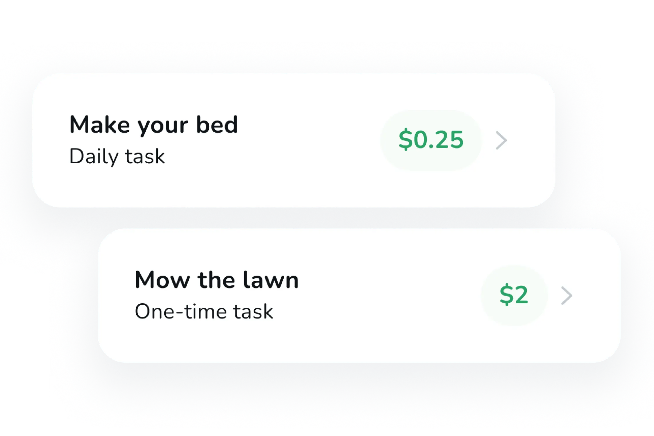 UI components showing chores that are available for a kid to complete. The kid will earn money once completed