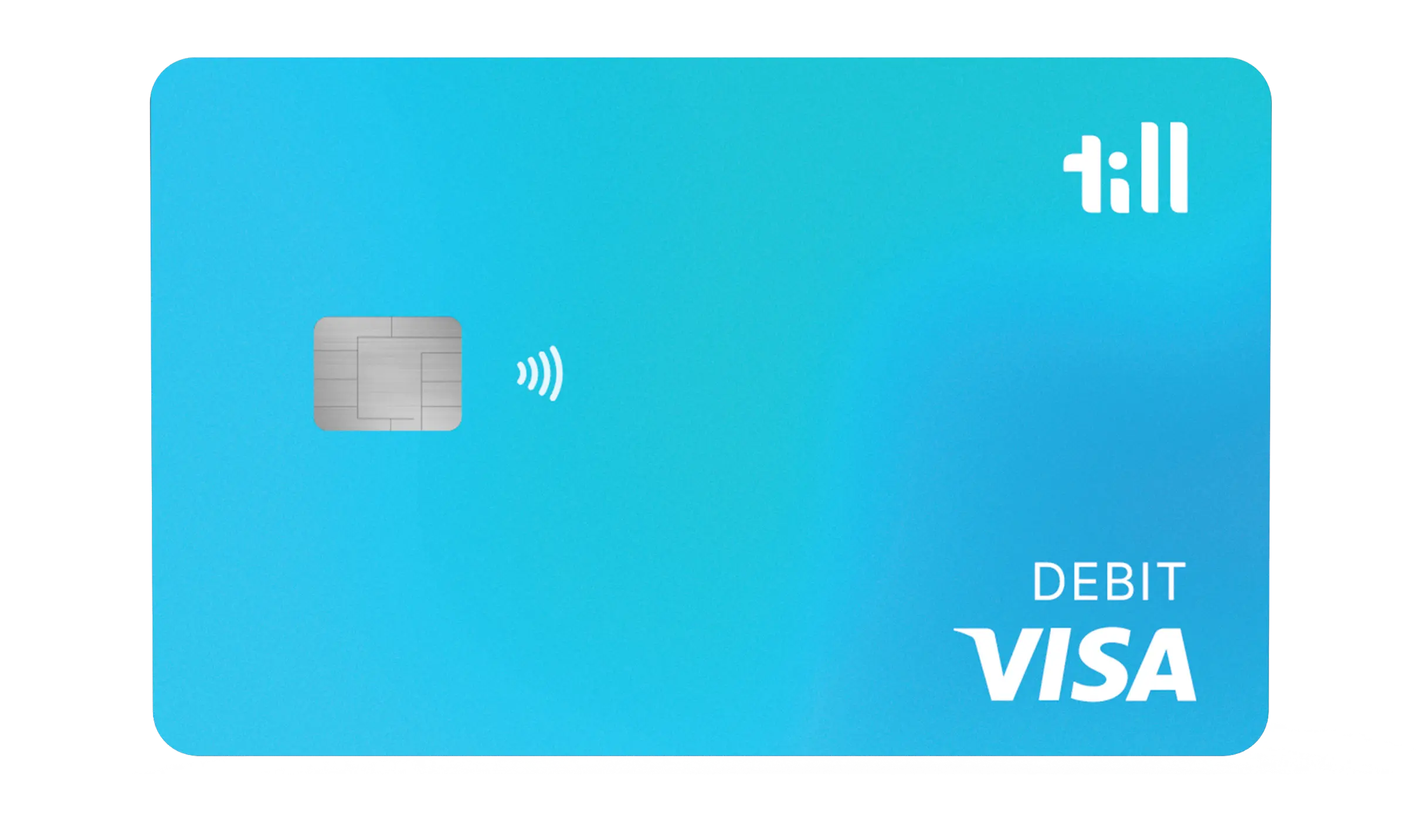 An image of a debit card. It's a debit card for kids and teens, it has the Till logo in the top right, a VISA logo in the bottom right, and the background is a green, blue, and teal gradient swirl. 
