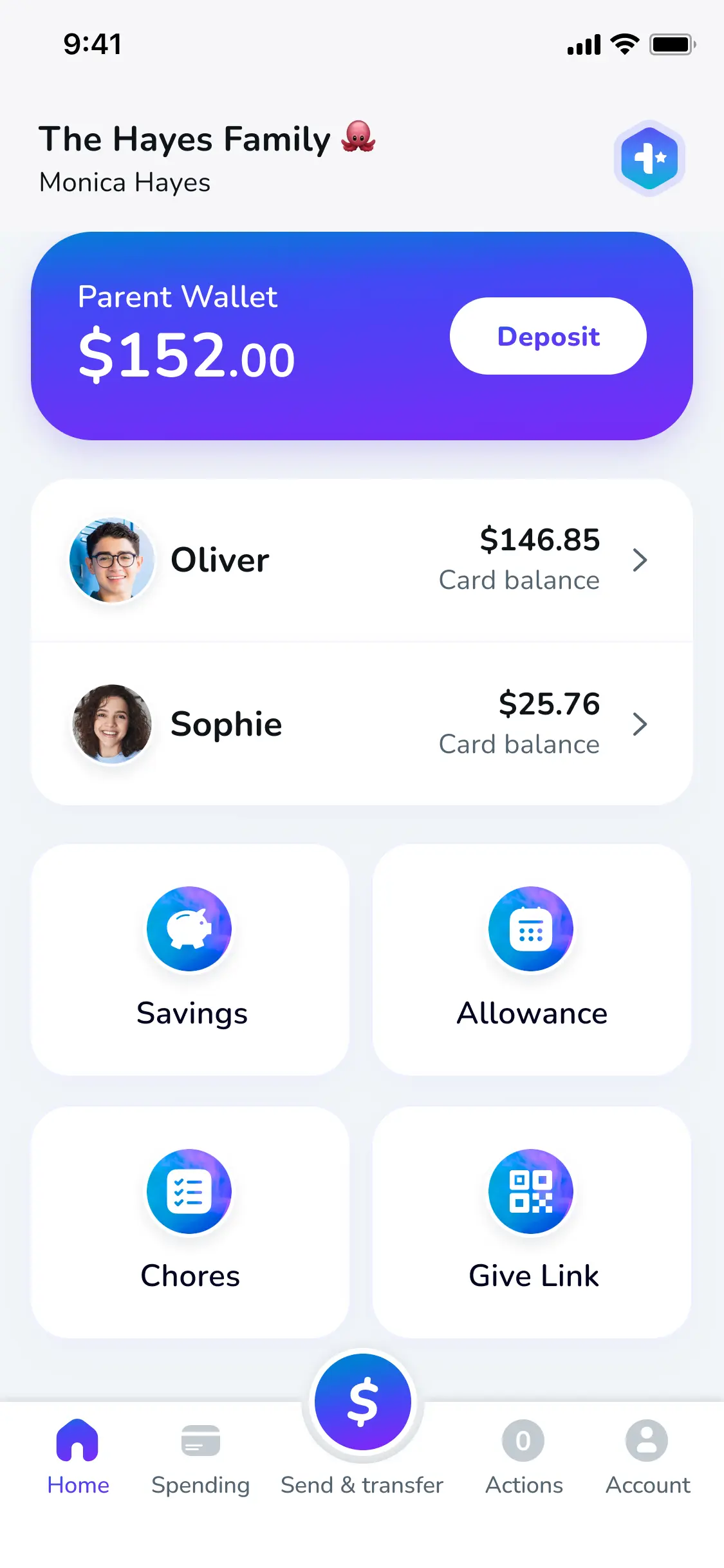 Till parent app dashboard showing family banking features, including parent wallet balance, child debit card balances, savings, allowance management, chores tracking, and money transfers for kids and teens.