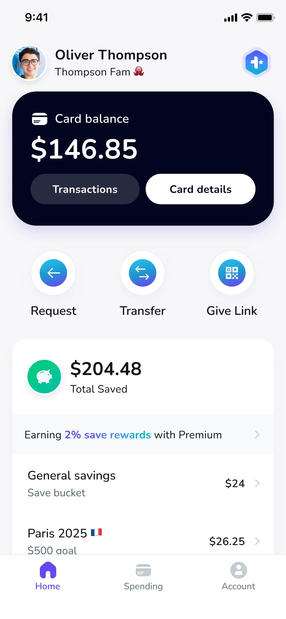 Till teen banking app home screen displaying debit card balance, transactions, savings goals, money transfer options, and financial education tools for kids and teenagers.