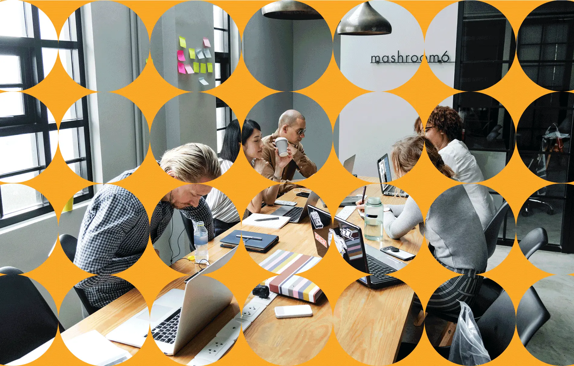 team working at the same table with yellow circles
