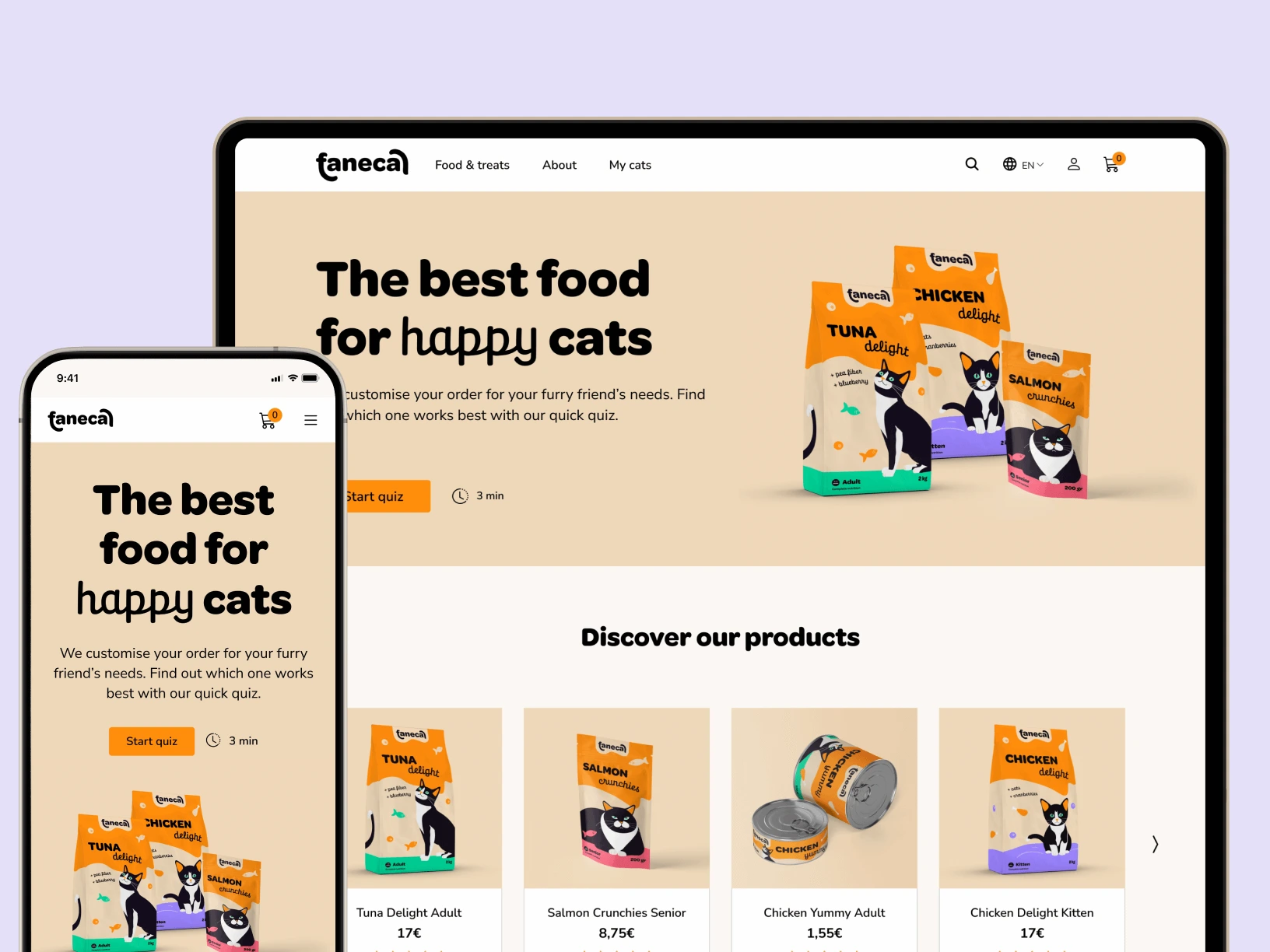 Homepage of Faneca, cat food brand, on mobile and desktop