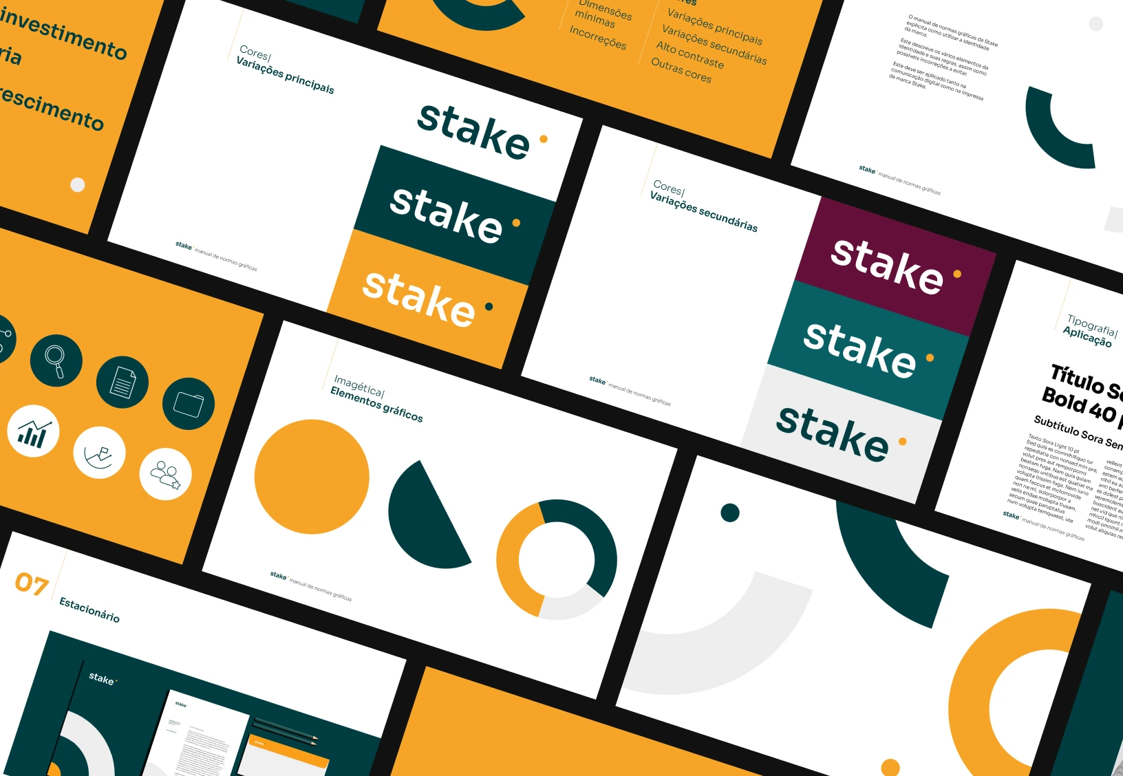several presentation pages of a brand book for a company called stake 