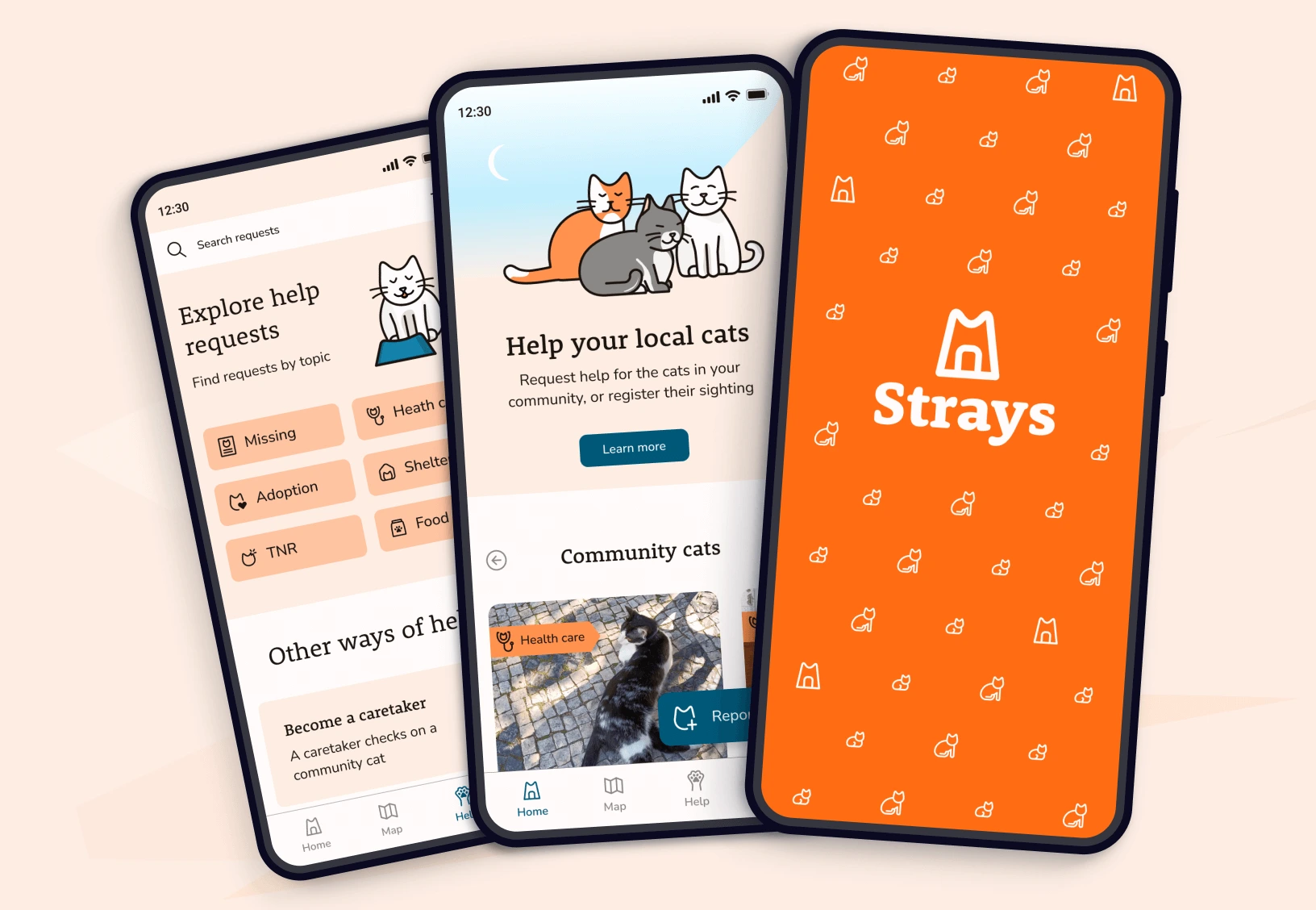 3 screens of an app called strays, with cats illustraions