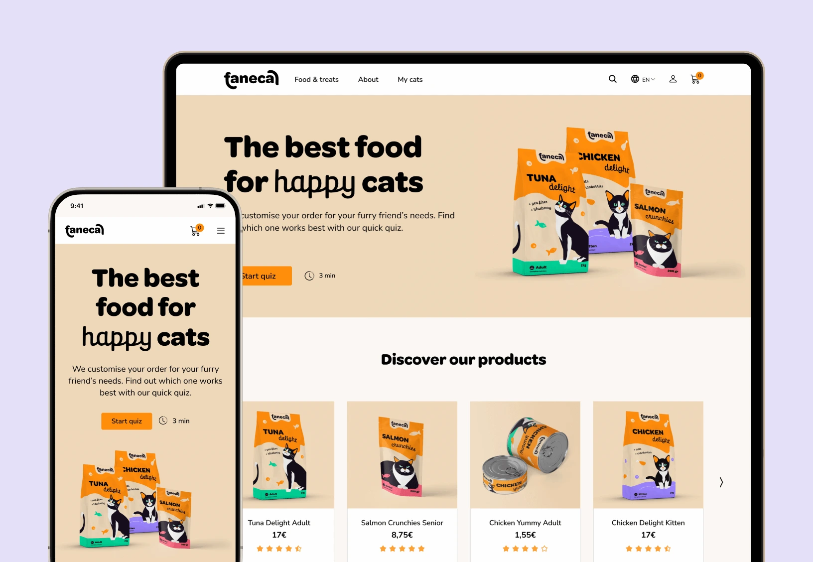 Faneca cat food brand website on desktop and mobile