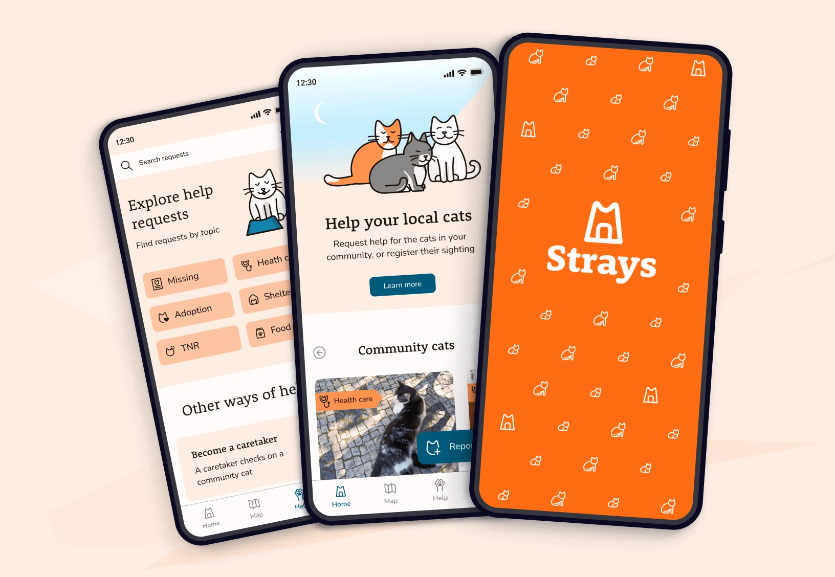 3 screens of strays app with cat pictures

