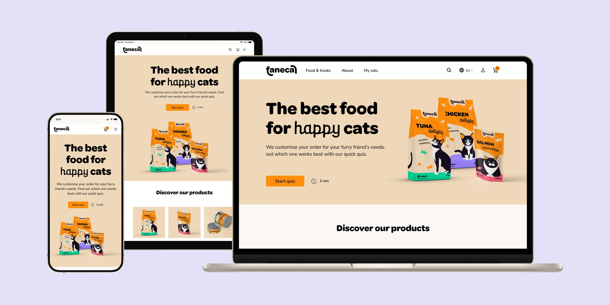 Faneca cat food website on desktop computer, ipad and iphone