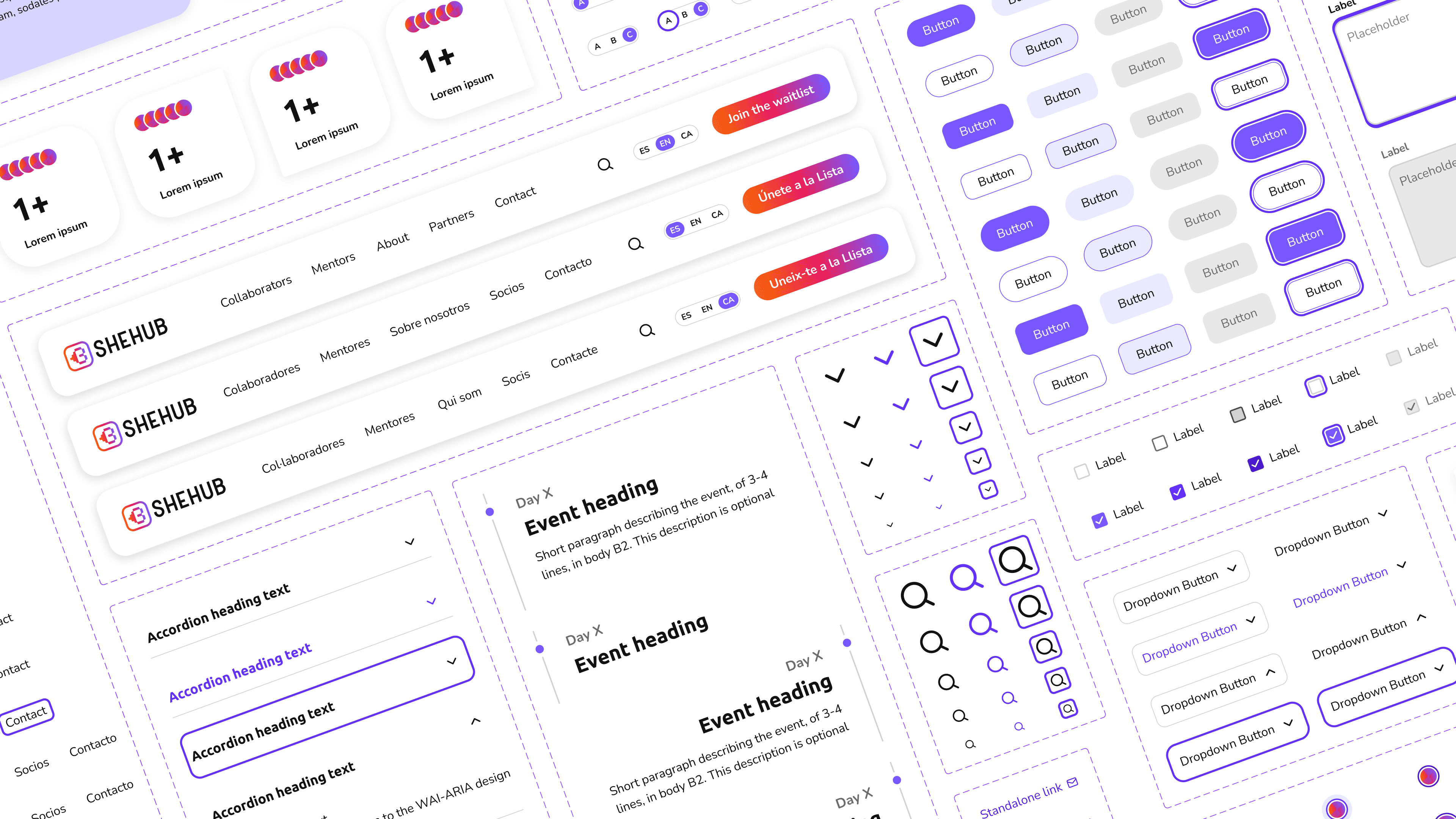 several components, patterns and icons shown diagonally 