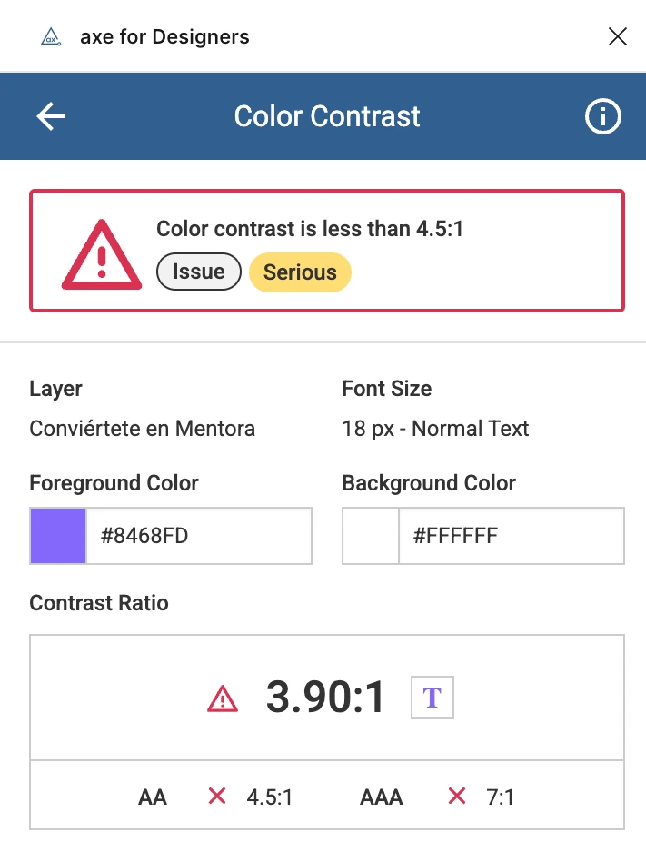 Axe color contrast tool showing severe issue
