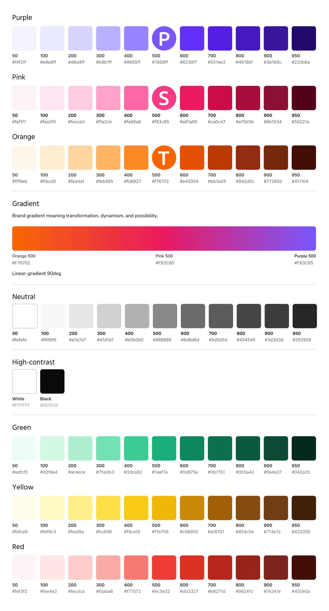 Colour palette with 7 colour ramps, black and white and one gradient