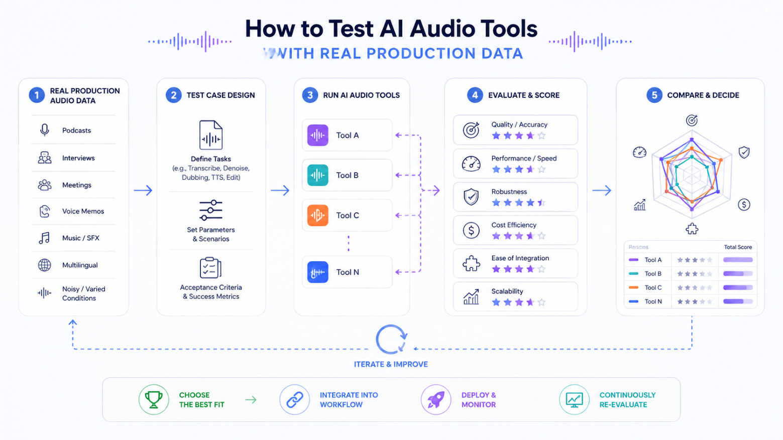 How to test AI audio tools using real production data, from dataset preparation and test cases to performance scoring, comparison, and continuous improvement.