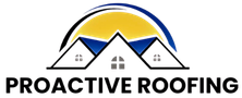 An illustration of a roof with the words "Proactive Roofing" underneath. Above, the sun outlined by blue strokes.