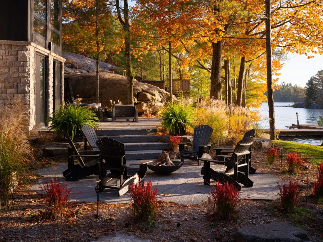 The finished lakefront fire pit terrace