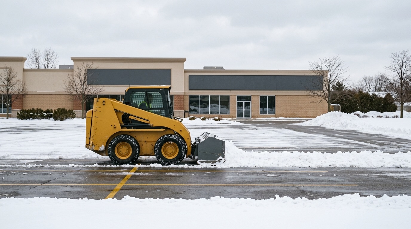 Skid steer loader plowing a commercial parking lot in winter