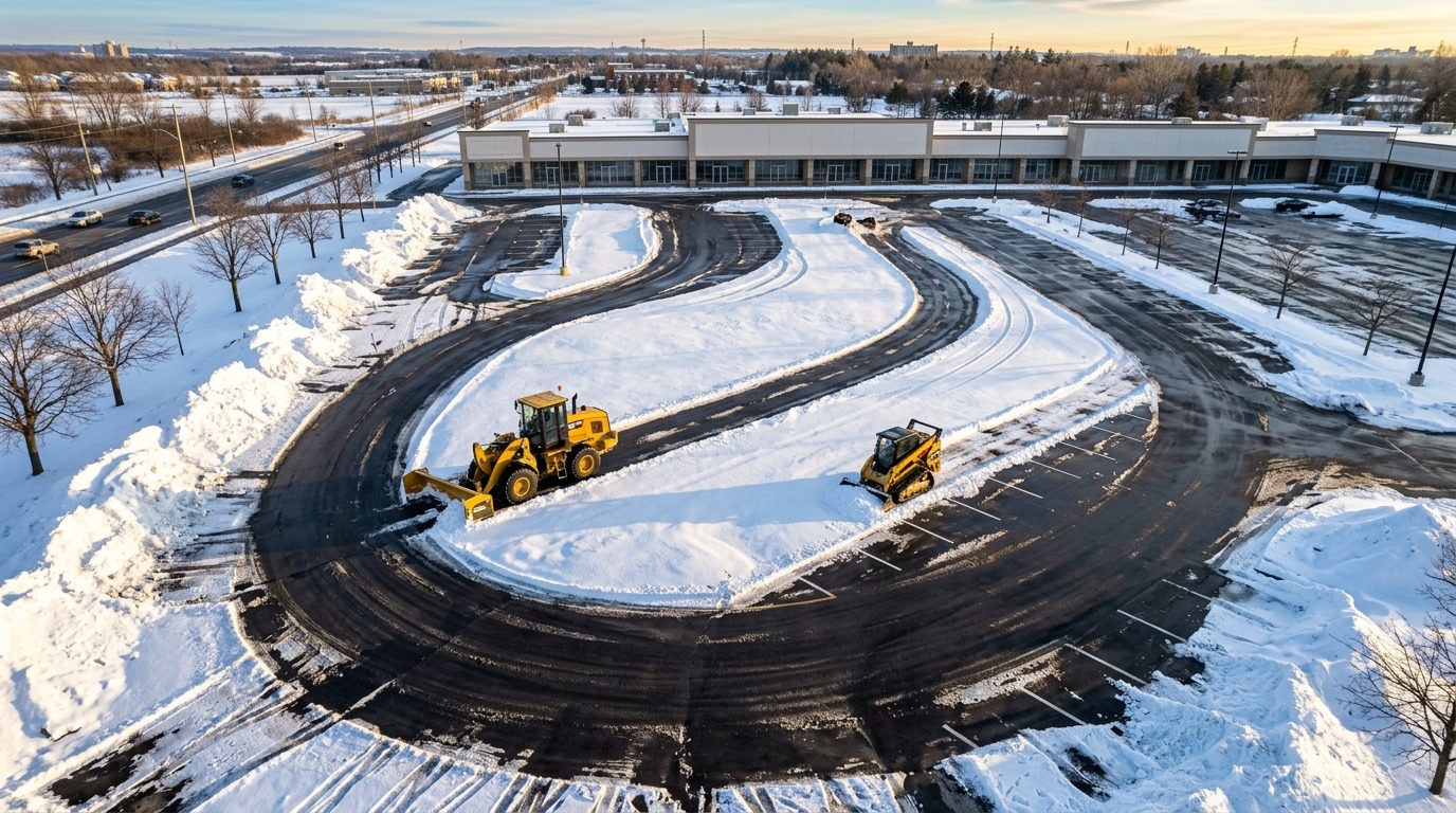 Aerial view of a commercial plaza parking lot being cleared of snow at sunrise