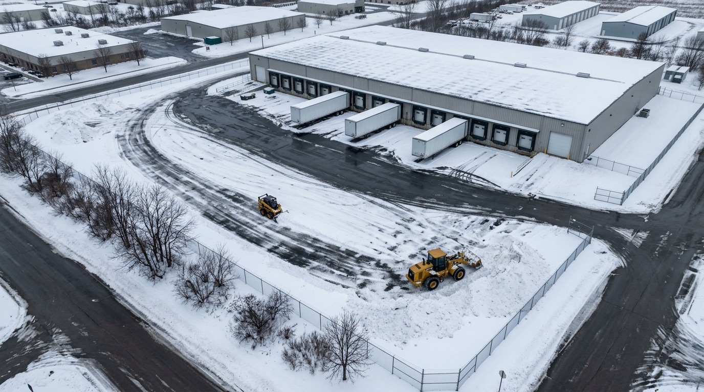 Aerial view of an industrial warehouse yard and loading docks being cleared of snow
