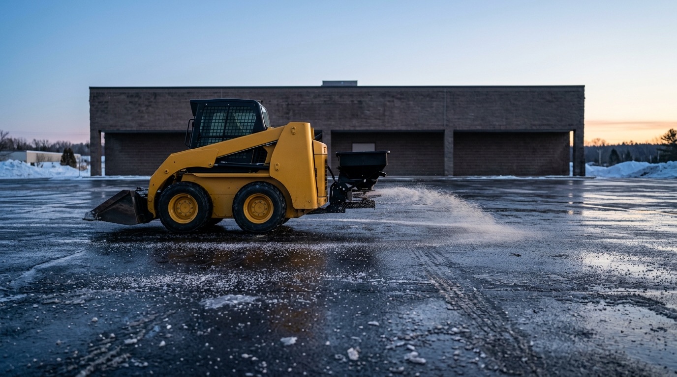 Salt spreader applying de-icing material to a cleared commercial lot at dawn