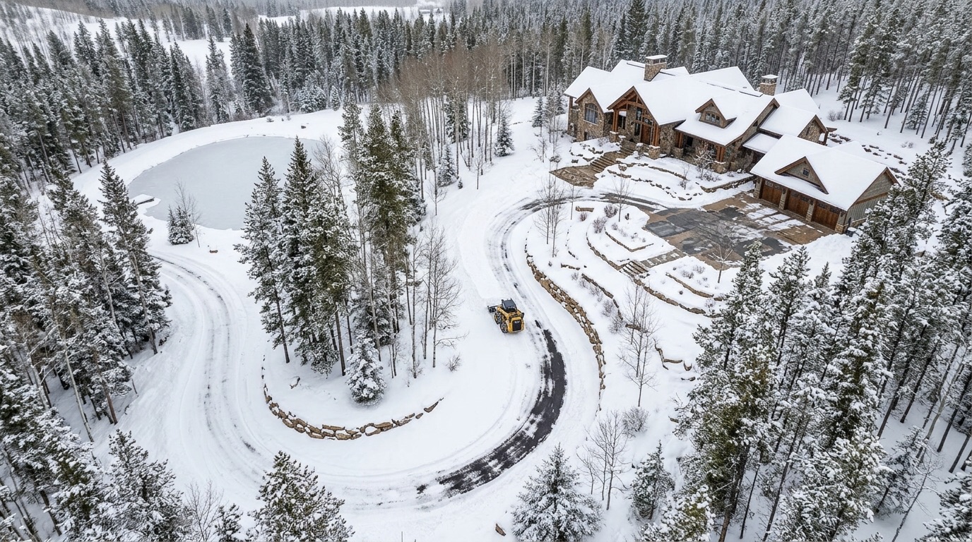 Aerial view of a long estate driveway being cleared of snow beside a stone and timber home