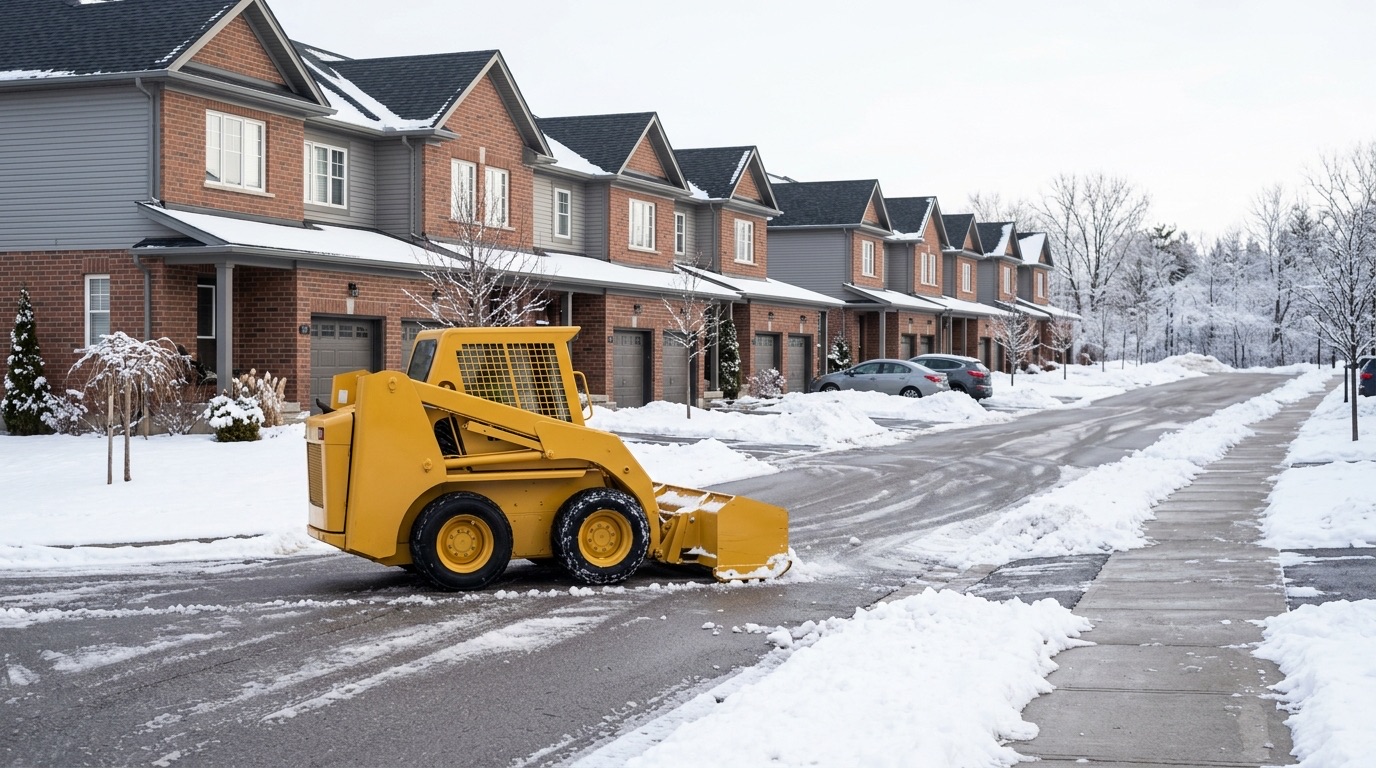 Skid steer clearing snow from an internal roadway at a condominium townhome complex