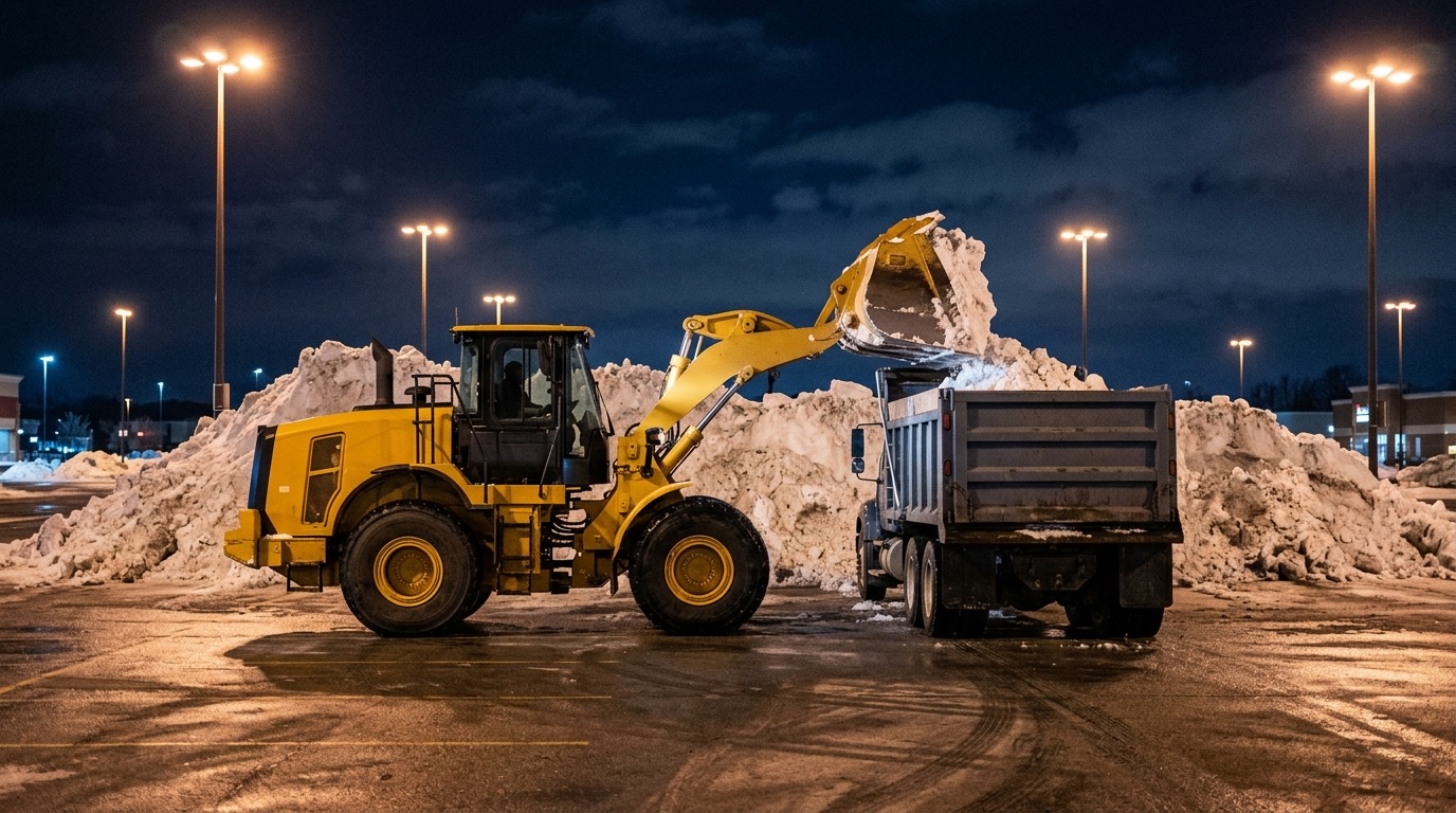 Loader tipping accumulated snow into a dump truck at night under parking lot lights