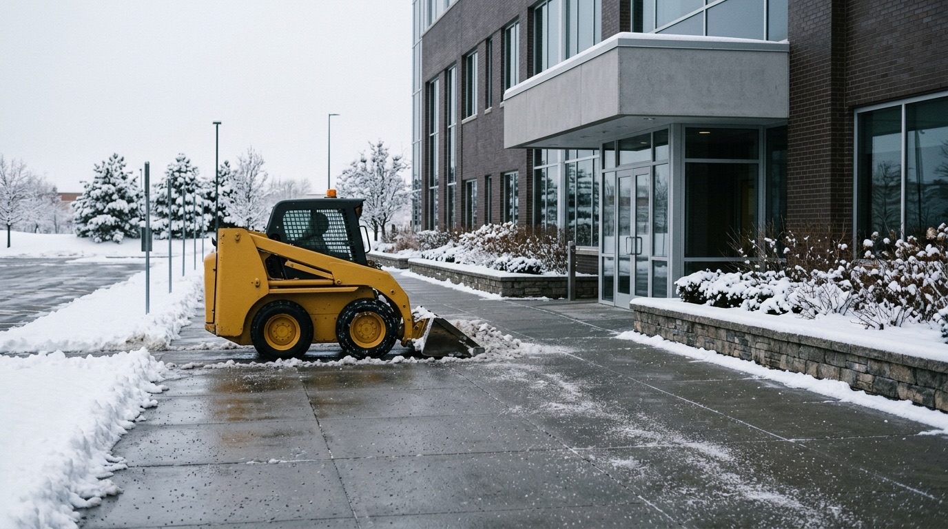 Compact loader clearing a commercial walkway beside an office building entrance