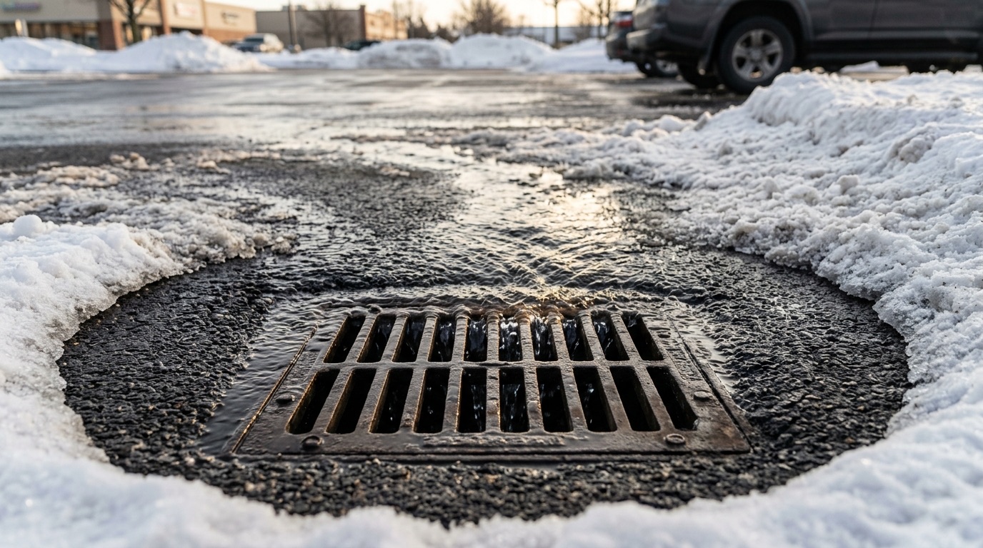 Catch basin kept clear of snow with meltwater draining during a thaw