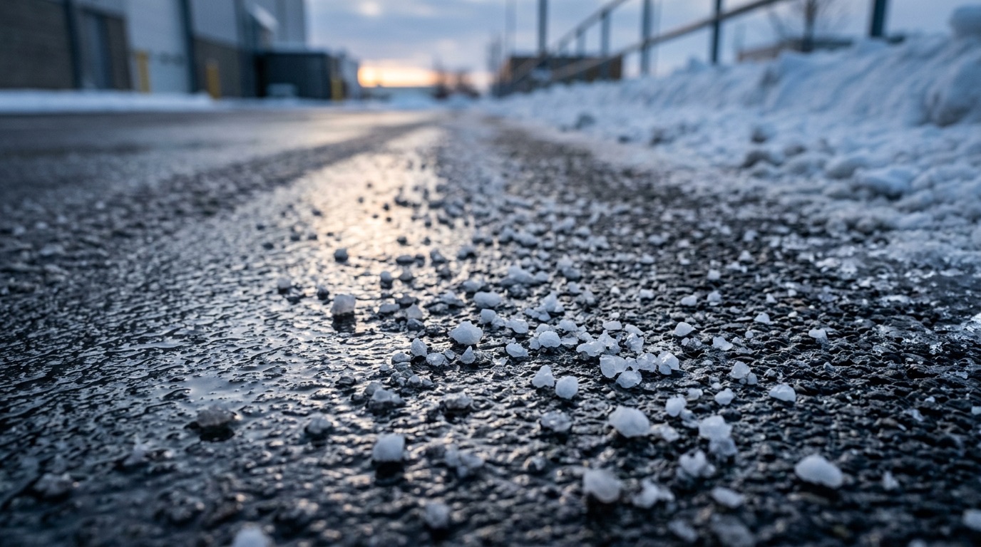 Close view of de-icing salt spread across wet commercial pavement